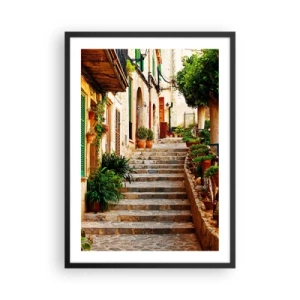 Poster in een zwarte lijst - De charme van een mediterrane straat - 50x70cm - De charme van een Spaanse vakantie - Moderne wanddecoratie voor woonkamer en slaapkamer ARTTOR