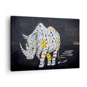 Schilderen op canvas - Een gebeeldhouwde neushoorn met abstracte strepen op een donkere achtergrond. - 70x50cm - Hardvochtigheid is een mythe - Moderne wanddecoratie voor woonkamer en slaapkamer ARTTOR