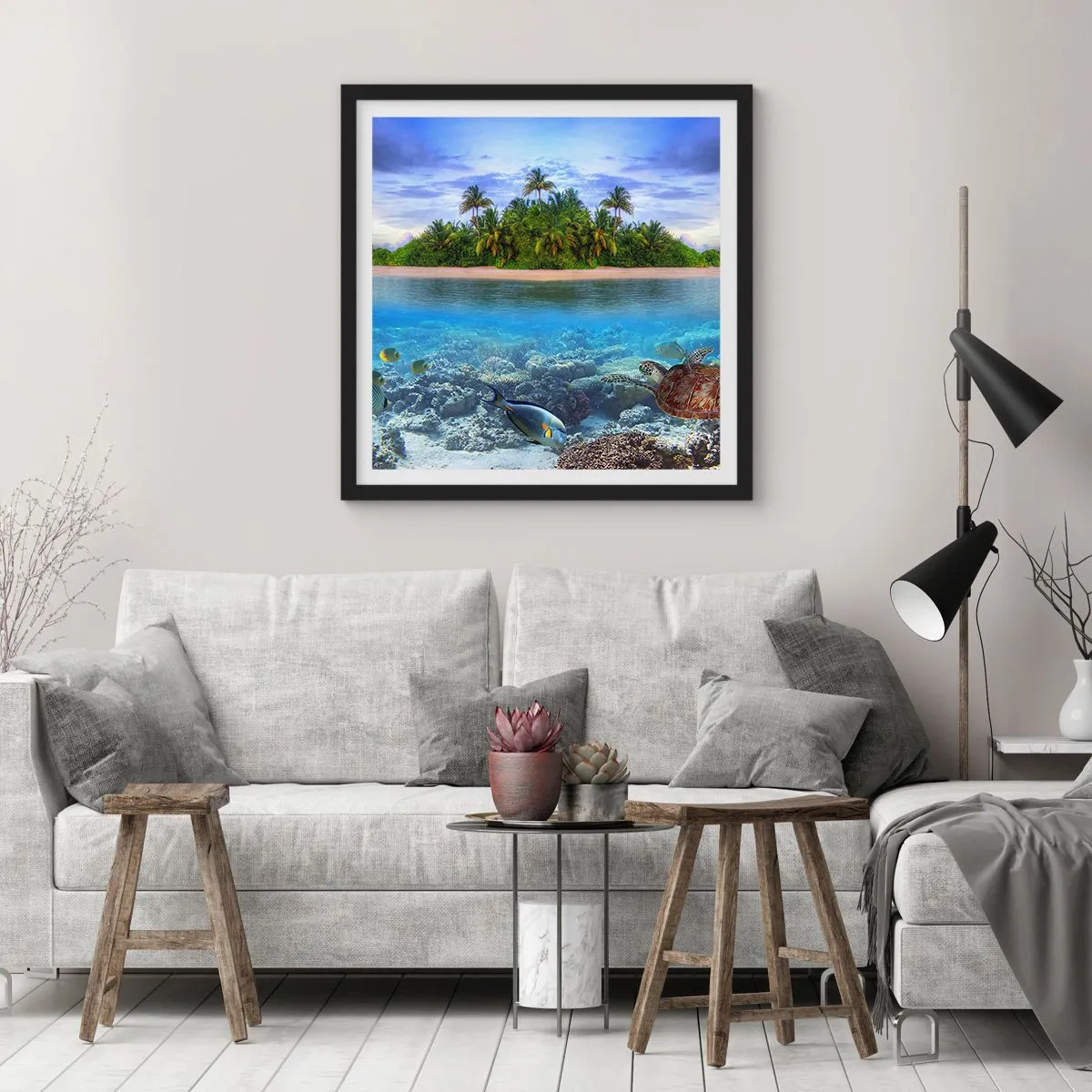 Poster in een zwarte lijst - Hemels eiland nodigt je uit - 30x30 cm