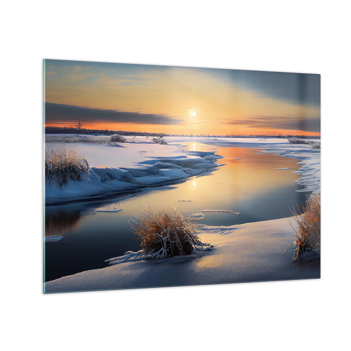 Schilderen op glas - Winterlandschap met zonsondergang boven een bevroren rivier - 70x50cm - Winterse zonsondergang - Moderne wanddecoratie voor woonkamer en slaapkamer ARTTOR