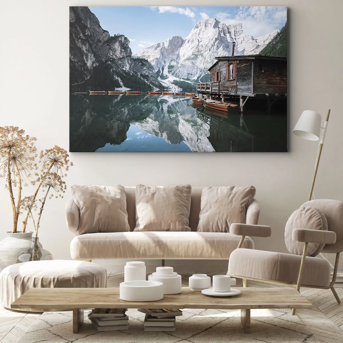 Schilderen op canvas - Een houten huisje bij een rustig bergmeer - 70x50cm - Een kristalheldere bergochtend - Moderne wanddecoratie voor woonkamer en slaapkamer ARTTOR
