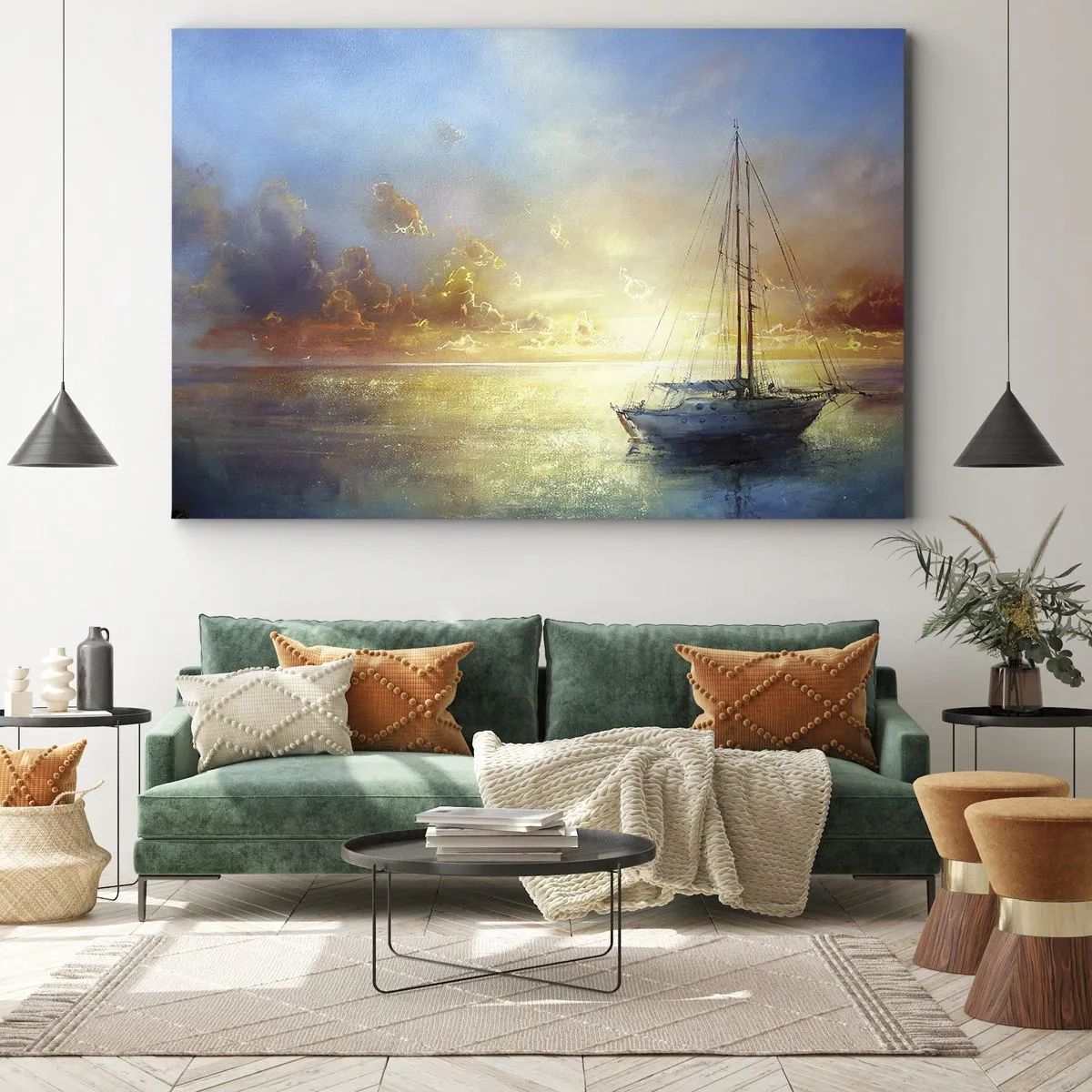 Schilderen op canvas - Een jacht op een kalme zee bij zonsondergang - 70x50cm - In een gouden baai - Moderne wanddecoratie voor woonkamer en slaapkamer ARTTOR