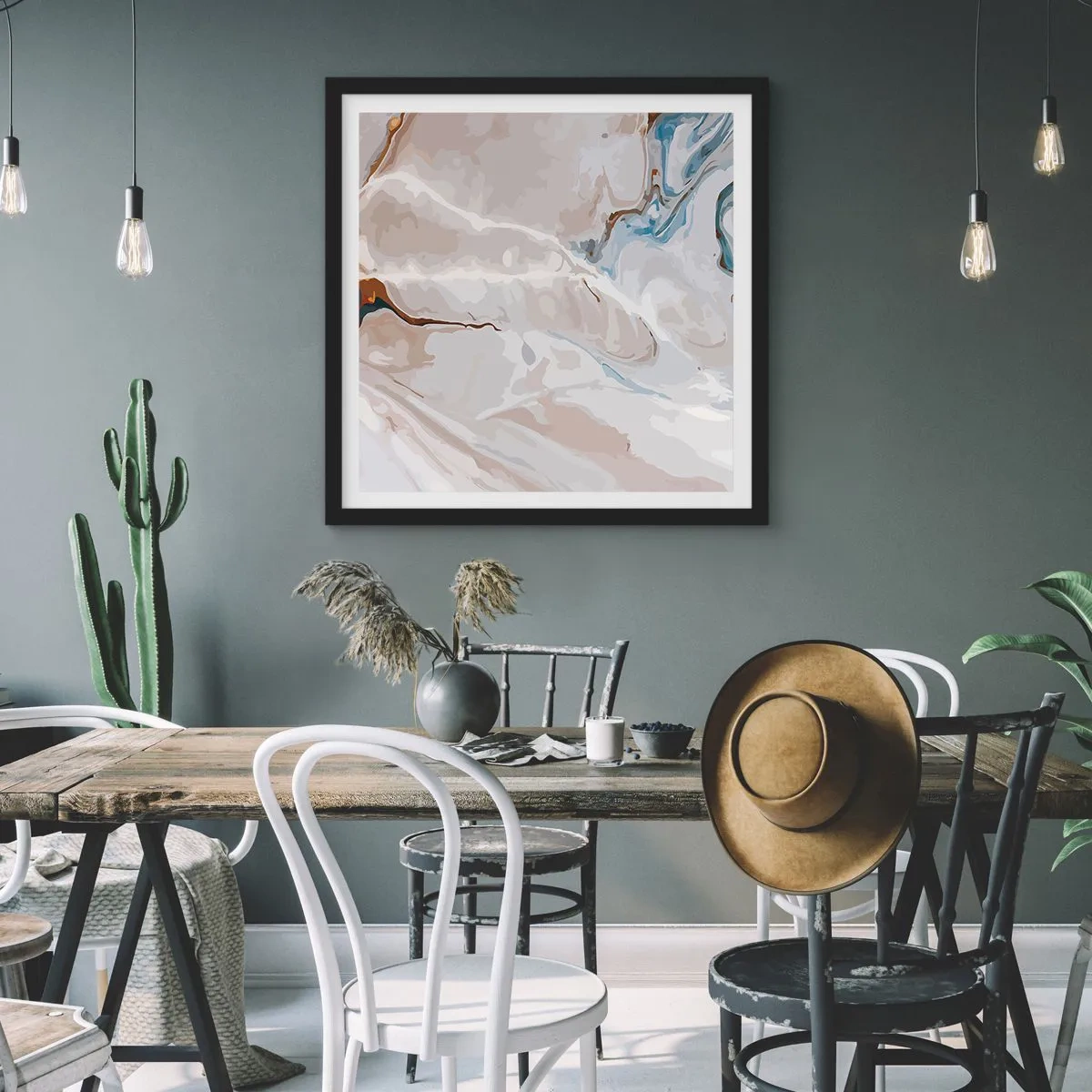 Poster in een zwarte lijst - Blauw kronkelt onder het wit - 50x50 cm