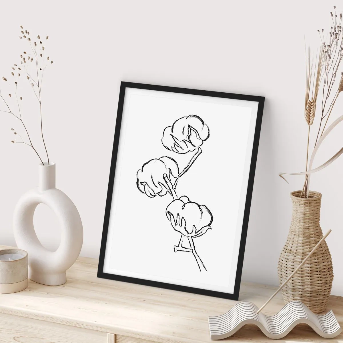 Poster in een zwarte lijst - Een minimalistische schets van een katoentak - 50x70cm - Katoen dons - Moderne wanddecoratie voor woonkamer en slaapkamer ARTTOR