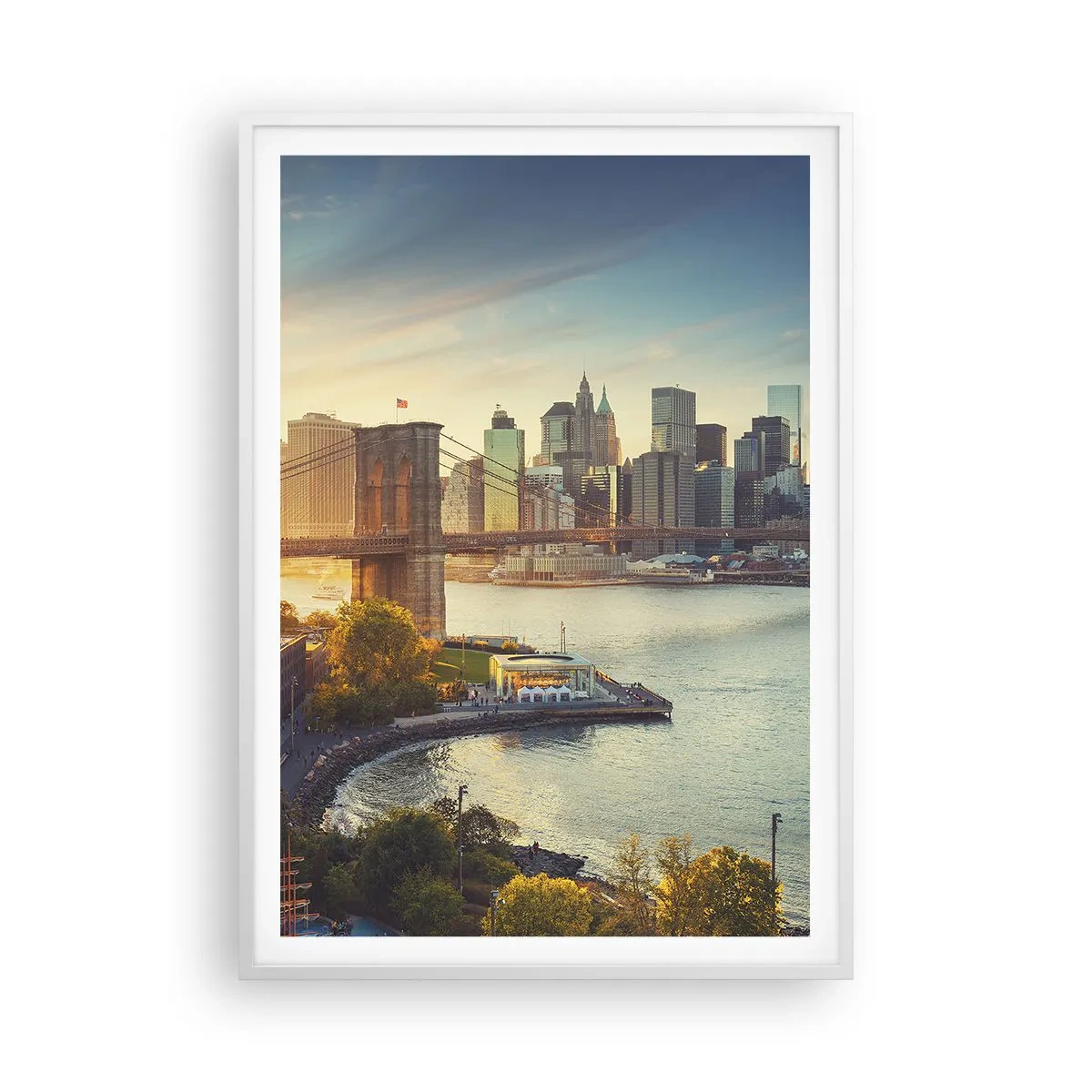 Poster in een witte lijst - Dageraad in de grote stad - 70x100 cm