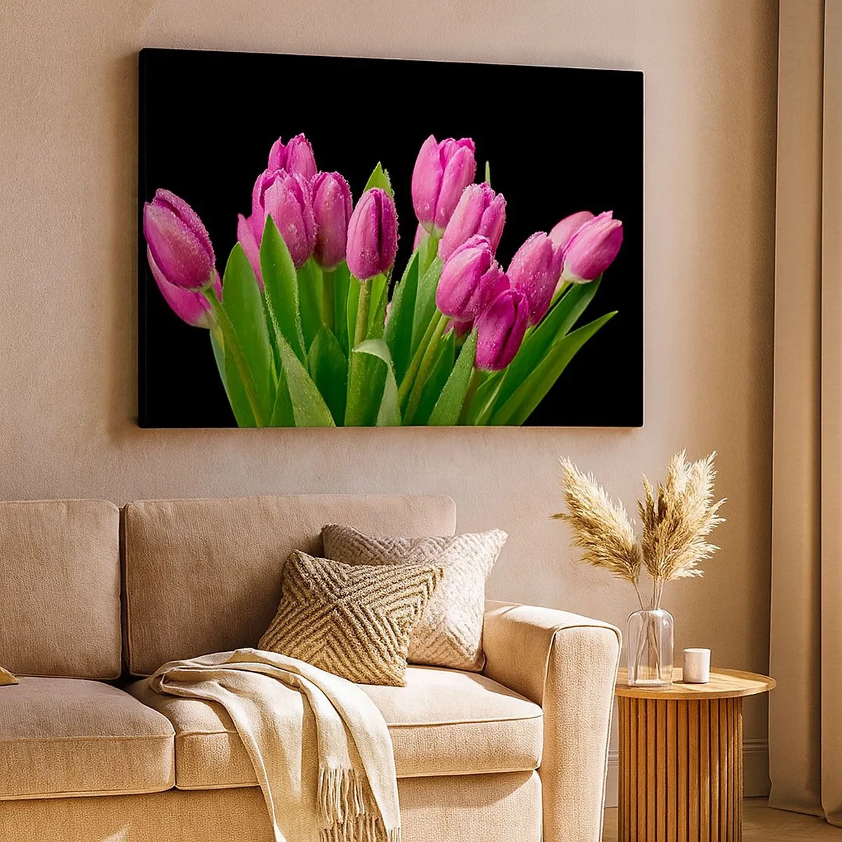 Schilderen op canvas - Roze tulpen met dauwdruppels op een zwarte achtergrond - 70x50cm - Lila vreugde van de lente - Moderne wanddecoratie voor woonkamer en slaapkamer ARTTOR