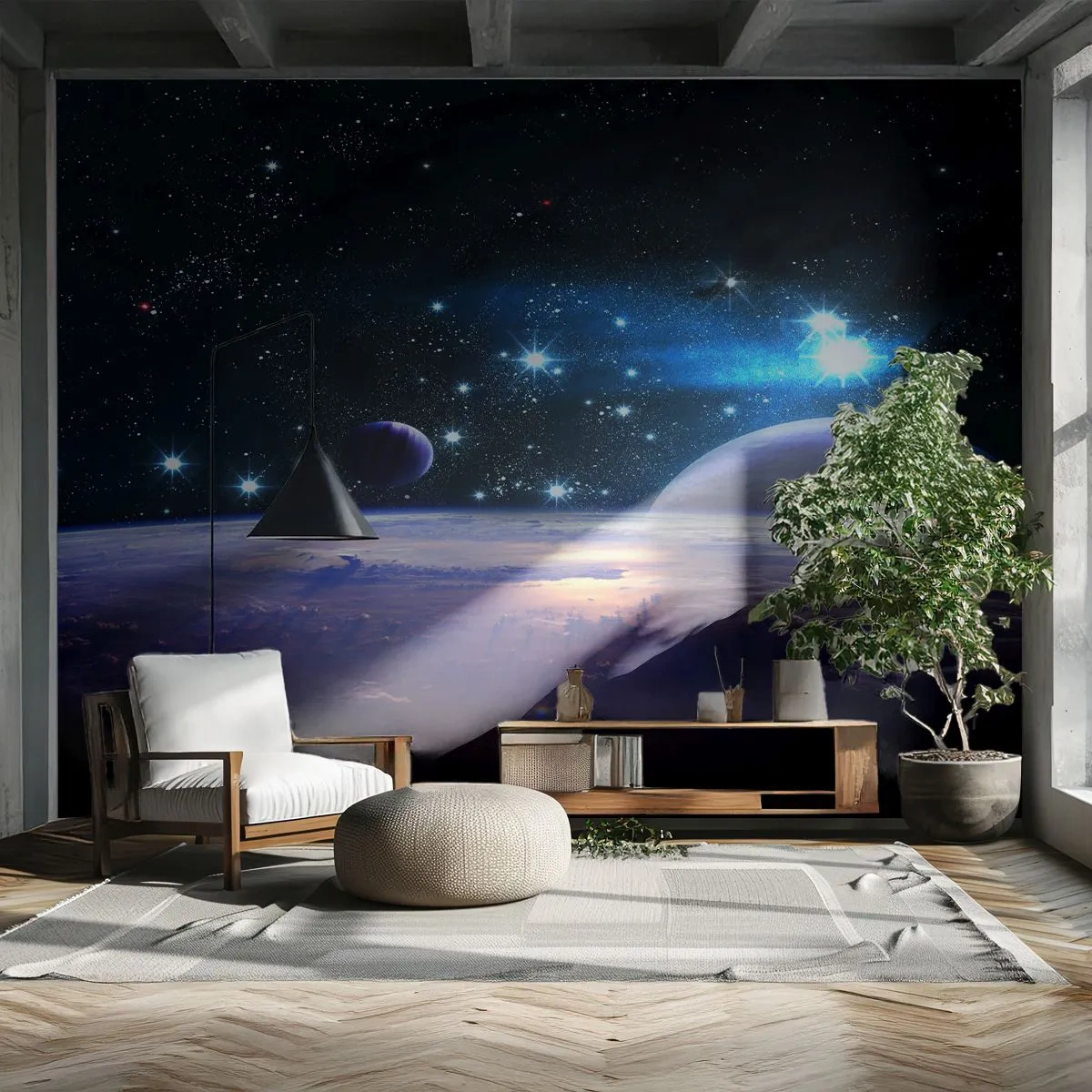 Fotobehang Premium Sand - Nog steeds alleen? - Kosmos, Planeet aarde, Universum - 100x70 cm