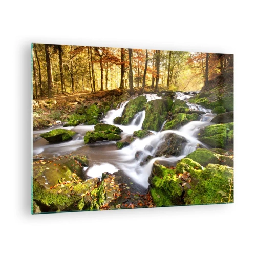 Schilderen op glas - Een bosbeek met watervallen in een herfstlandschap - 70x50cm - Snel door het herfstbos - Moderne wanddecoratie voor woonkamer en slaapkamer ARTTOR