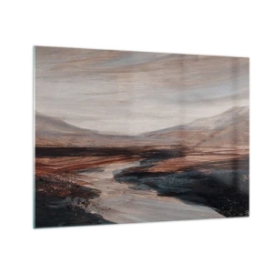 Schilderen op glas - Een pittoreske vallei met een rivier in tinten bruin en blauw - 70x50cm - Een rustige vallei - Moderne wanddecoratie voor woonkamer en slaapkamer ARTTOR