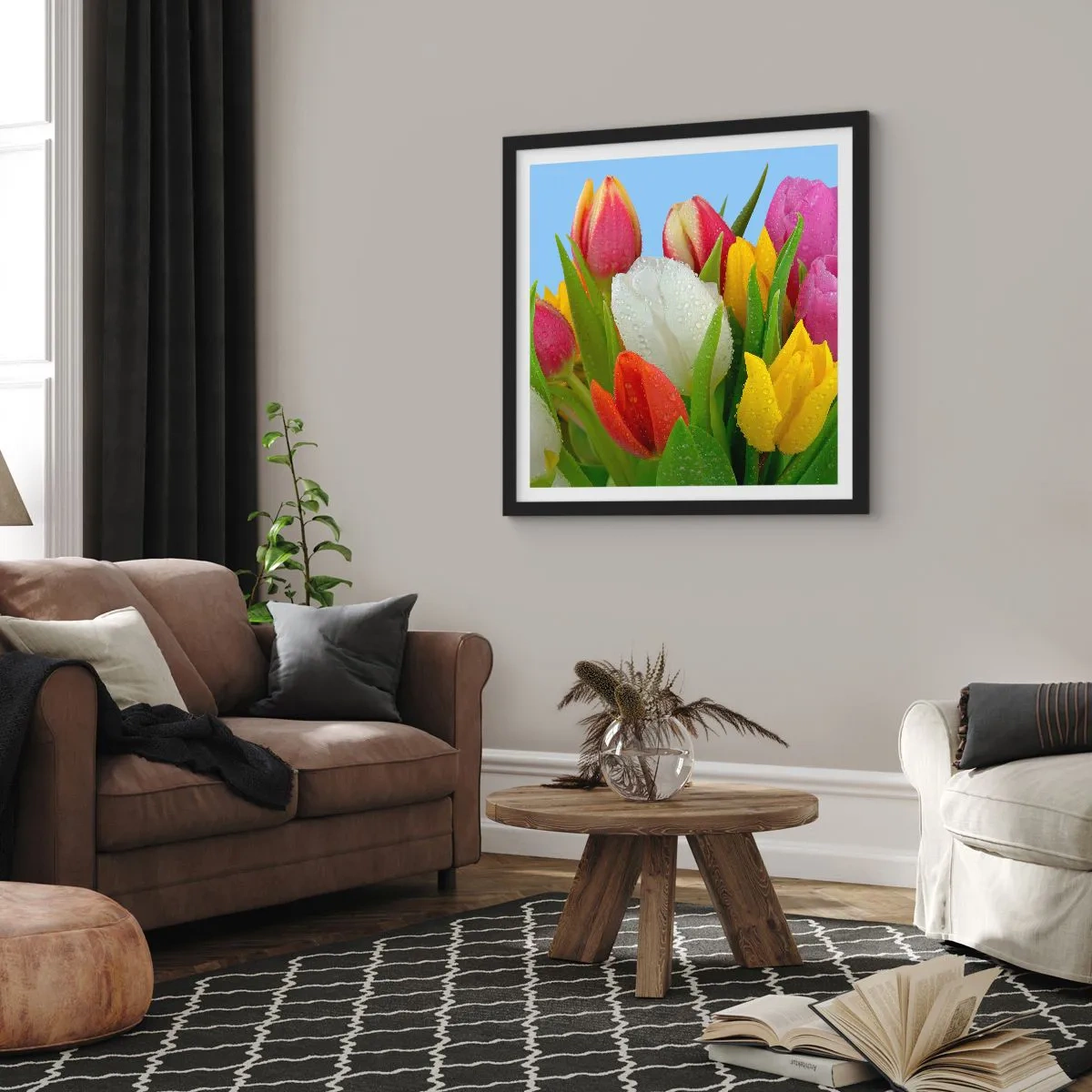 Poster in een zwarte lijst - Een bloemenregenboog in dauwdruppels - 30x30 cm