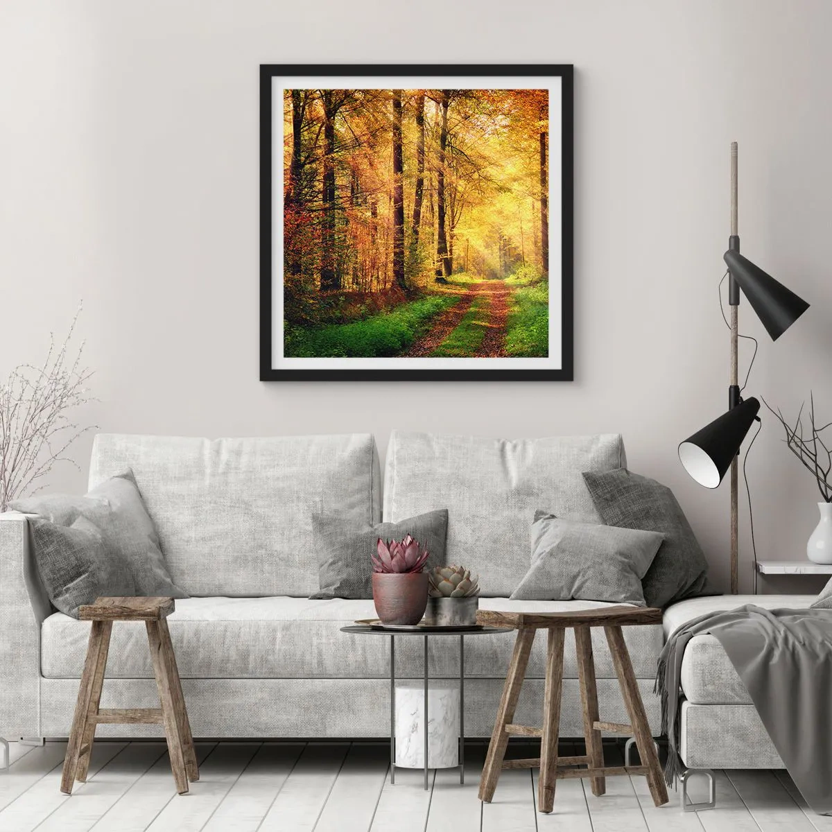 Poster in een zwarte lijst - Bos-gouden stilte - 30x30 cm