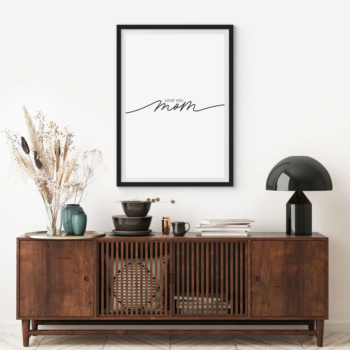 Poster in een zwarte lijst - Minimalistische inscriptie 'Ik hou van je, mama' in zwarte lijnen - 50x70cm - Grote emotie - Moderne wanddecoratie voor woonkamer en slaapkamer ARTTOR