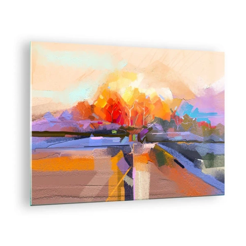Schilderen op glas - Abstract landschap met zonsondergang en kleurrijke velden - 70x50cm - De herfst is geworden - Moderne wanddecoratie voor woonkamer en slaapkamer ARTTOR