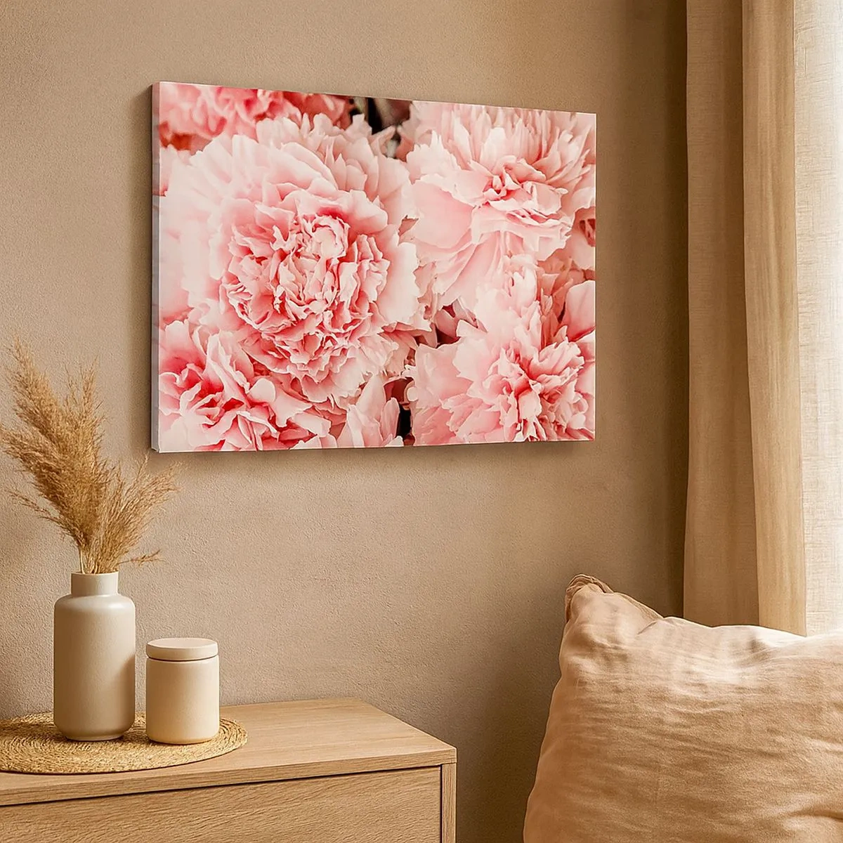 Schilderen op canvas - Subtiele roze pioenrozen in een delicate setting - 70x50cm - Roze droom - Moderne wanddecoratie voor woonkamer en slaapkamer ARTTOR