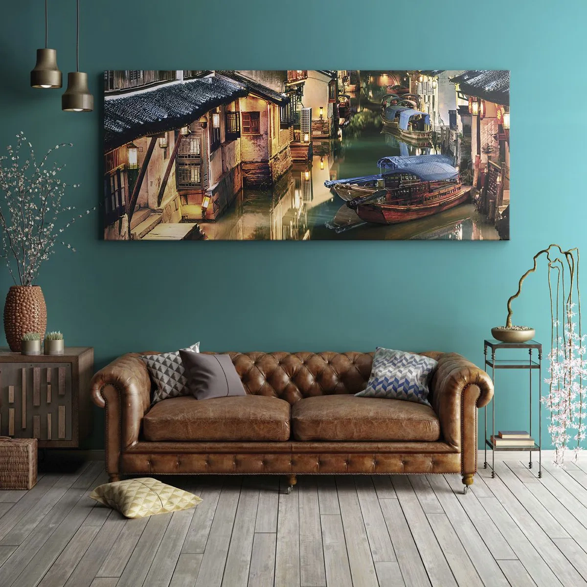Schilderen op canvas - Een avond op een Chinese straat - 100x40 cm
