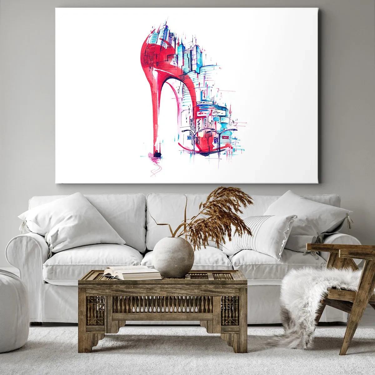 Schilderen op canvas - Abstracte rode stilettohak met stedelijke details - 70x50cm - Een elegante vrouw uit de grote stad - Moderne wanddecoratie voor woonkamer en slaapkamer ARTTOR