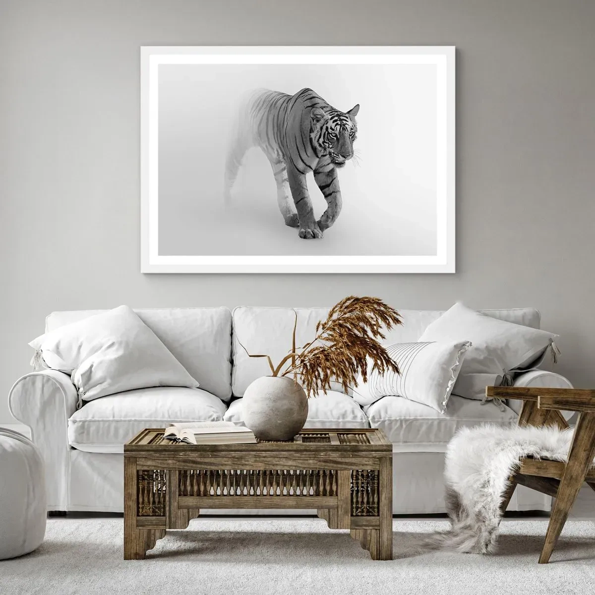 Poster in een witte lijst - Gehurkt in de mist - 100x70 cm