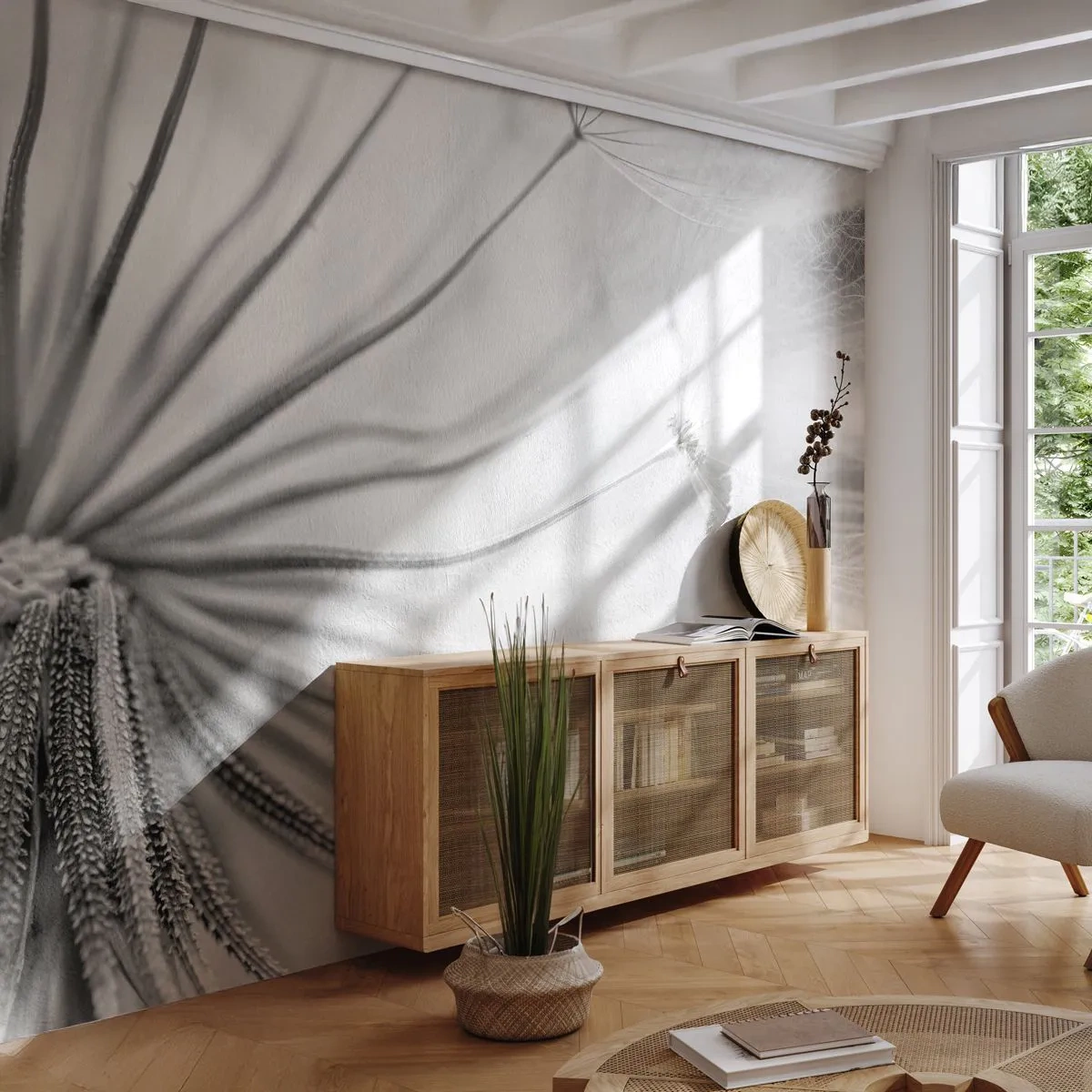 Fotobehang op maat Premium Sand - Paardebloemen, vliegers - Minimalisme, Delicaat, Bloem