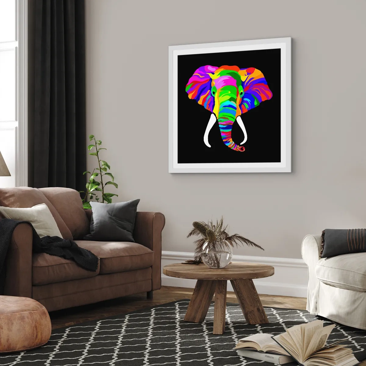 Poster in een witte lijst - De olifant die ervan hield om in de regenboog te baden - 30x30 cm