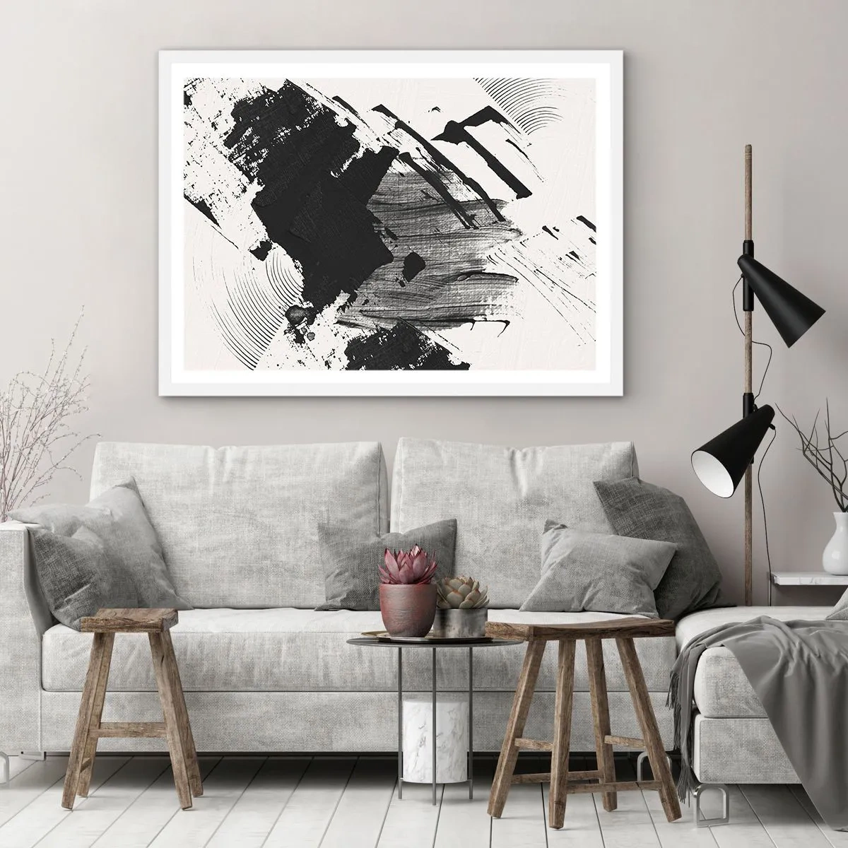 Poster in een witte lijst - Abstractie – expressie van zwart - 50x40 cm