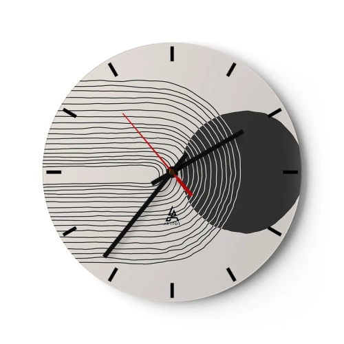 Wandklok - Klok - Abstracte lijnen en een zwarte cirkel op een lichte achtergrond in een grafische compositie - 30x30cm - Bibberen en vertrouwen - Moderne wanddecoratie voor woonkamer, keuken en slaapkamer ARTTOR