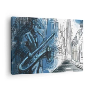 Schilderen op canvas - Een figuur die saxofoon speelt tegen de achtergrond van een stad - 70x50cm - Stedelijke Rapsodie - Moderne wanddecoratie voor woonkamer en slaapkamer ARTTOR