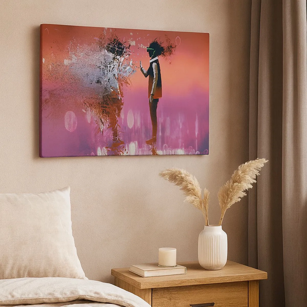 Schilderen op canvas - Een abstract tafereel met een futuristisch figuur en verspreide elementen. - 70x50cm - Kun je naar jezelf kijken? - Moderne wanddecoratie voor woonkamer en slaapkamer ARTTOR