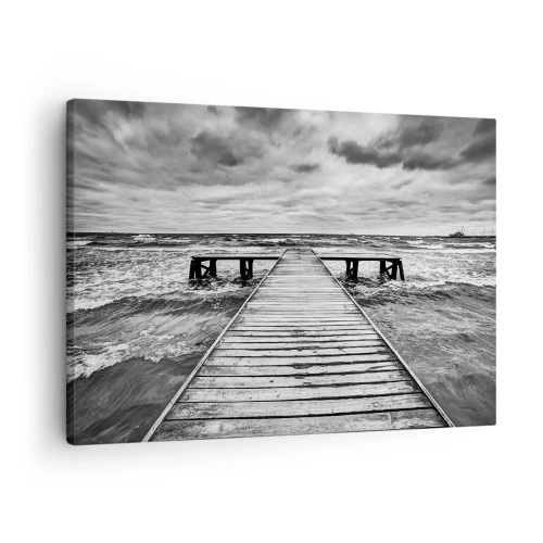 Schilderen op canvas - Een zwart-witfoto van een houten steiger boven een stormachtige zee. - 70x50cm - Ik wacht tot de wind wegjaagt... - Moderne wanddecoratie voor woonkamer en slaapkamer ARTTOR