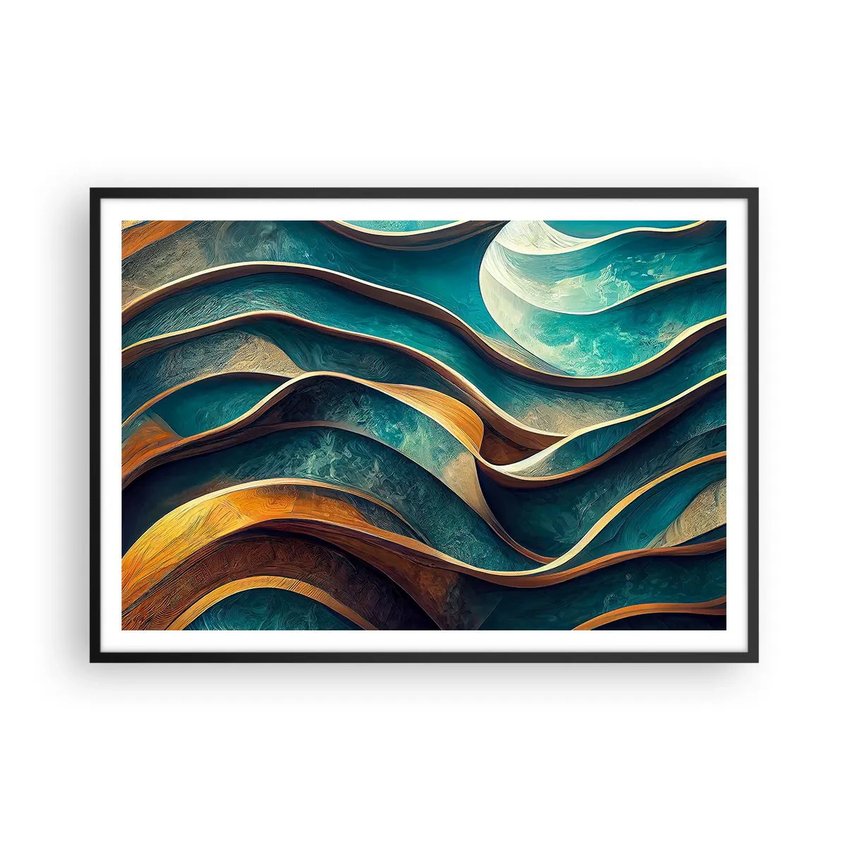 Poster in een zwarte lijst - Meanders van blauw - 100x70 cm