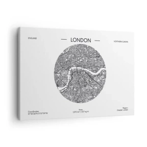 Schilderen op canvas - Een minimalistische kaart van Londen in zwart-wit met nauwkeurige details. - 70x50cm - Anatomie van Londen  - Moderne wanddecoratie voor woonkamer en slaapkamer ARTTOR