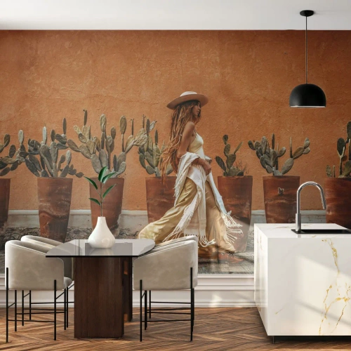 Fotobehang Premium Canvas - Hippie-stijl - Boho, Vrouw, Cactussen - 350x256 cm