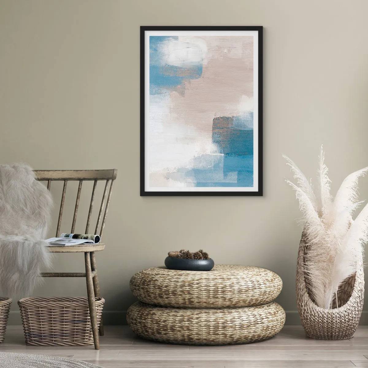 Poster in een zwarte lijst - Abstracte compositie in tinten blauw en beige - 50x70cm - Roze abstractie achter een blauw gordijn - Moderne wanddecoratie voor woonkamer en slaapkamer ARTTOR