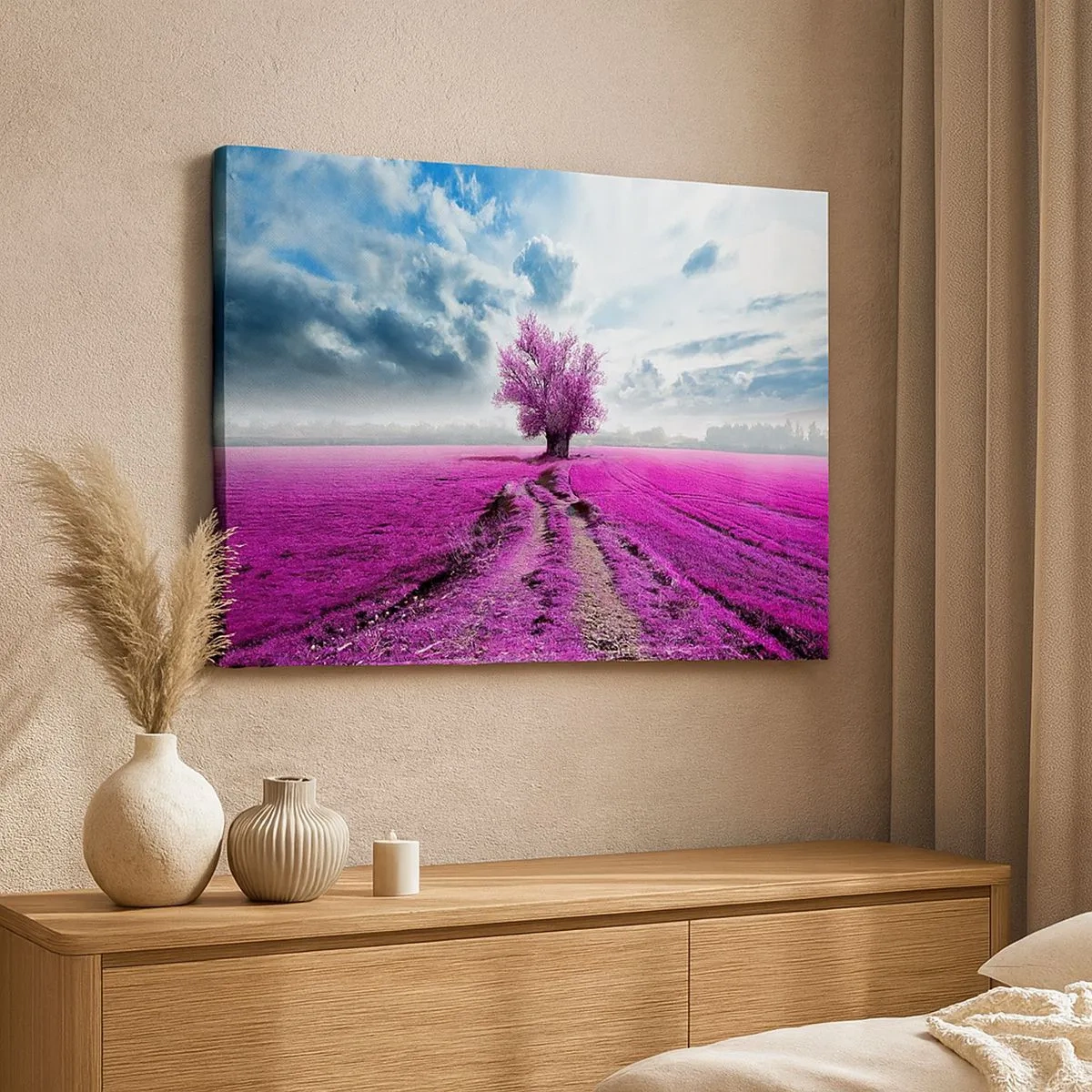 Schilderen op canvas - Een eenzame boom in een veld in een intens roze tint - 70x50cm - Heide - heilige plek - Moderne wanddecoratie voor woonkamer en slaapkamer ARTTOR