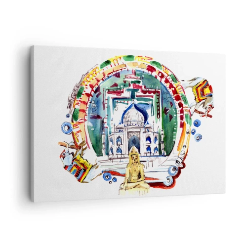 Schilderen op canvas - Een kleurrijke illustratie van Indiase architectuur - 70x50cm - Hindoe wereld balans - Moderne wanddecoratie voor woonkamer en slaapkamer ARTTOR