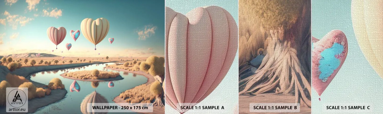 Fotobehang Monster Premium Canvas - Liefde laat je vliegen - Ballonnen, Pastel, Snoep - 100x30 cm