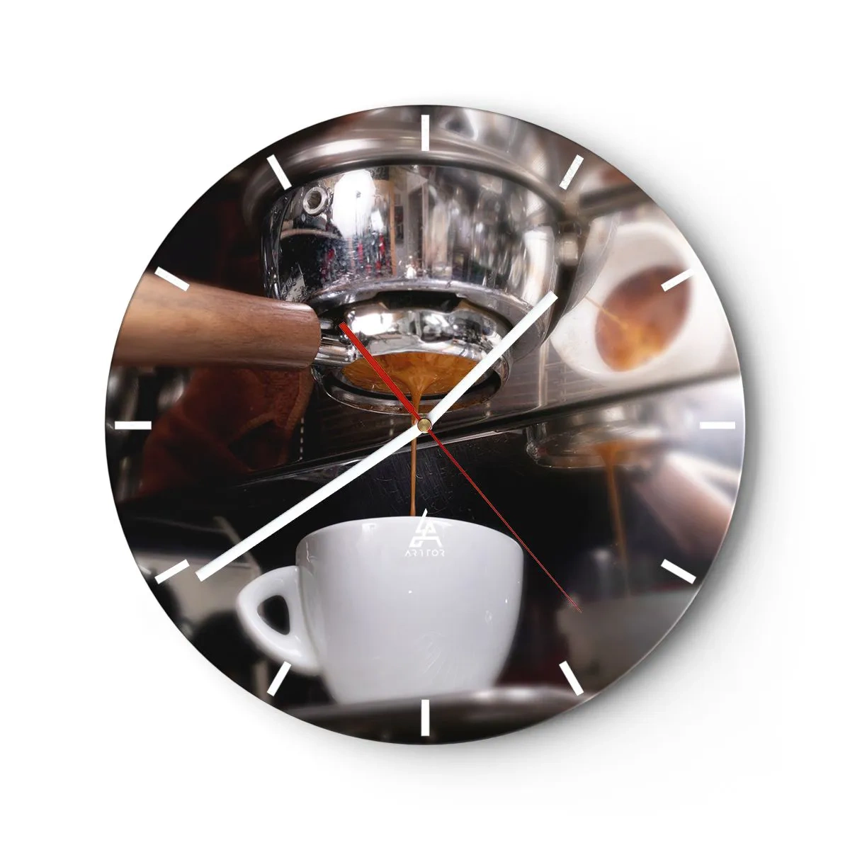 Wandklok - Klok - Close-up van een koffiezetapparaat met een kopje espresso - 30x30cm - Goede tijd van de dag - Moderne wanddecoratie voor woonkamer, keuken en slaapkamer ARTTOR