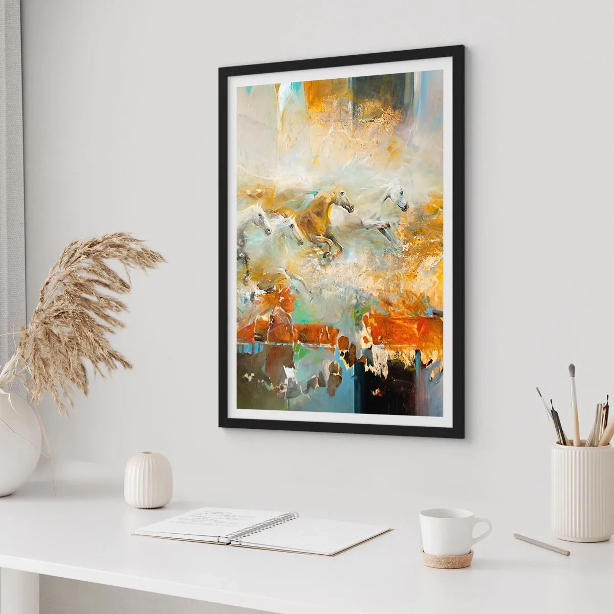 Poster in een zwarte lijst - Galopperen door het licht - 70x100 cm