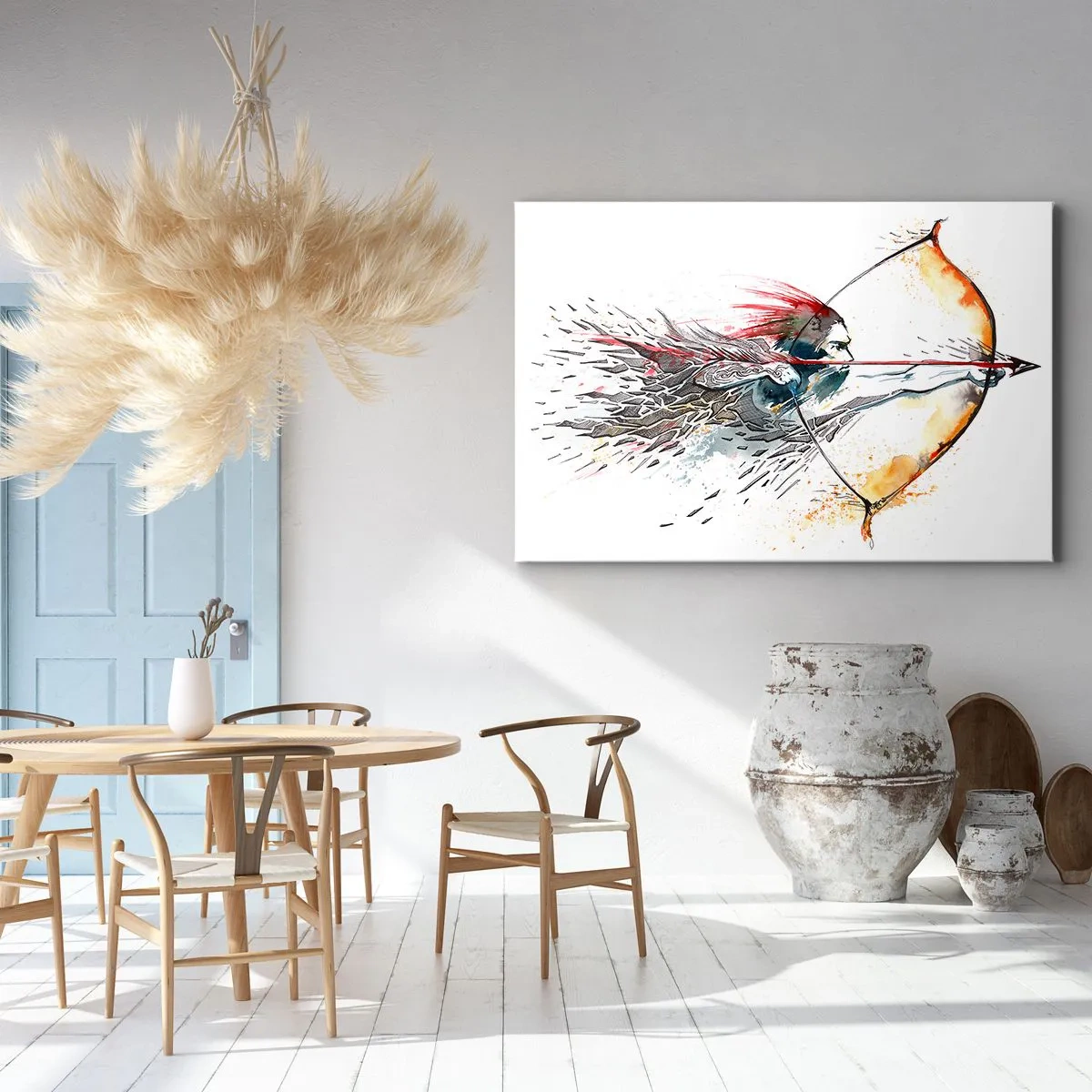 Schilderen op canvas - Dynamisch aquarelschilderij van een krijger met pijl en boog - 70x50cm - Mythische krijger met een vurige boog - Moderne wanddecoratie voor woonkamer en slaapkamer ARTTOR