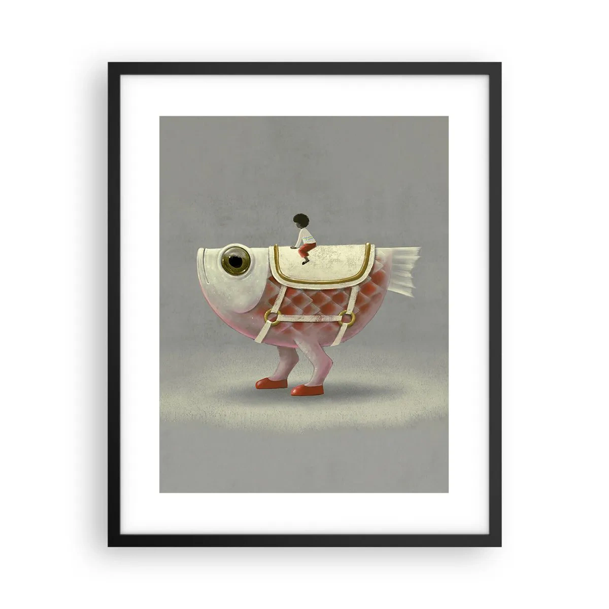 Poster in een zwarte lijst - Ruiter op een surrealistische vis - 40x50 cm