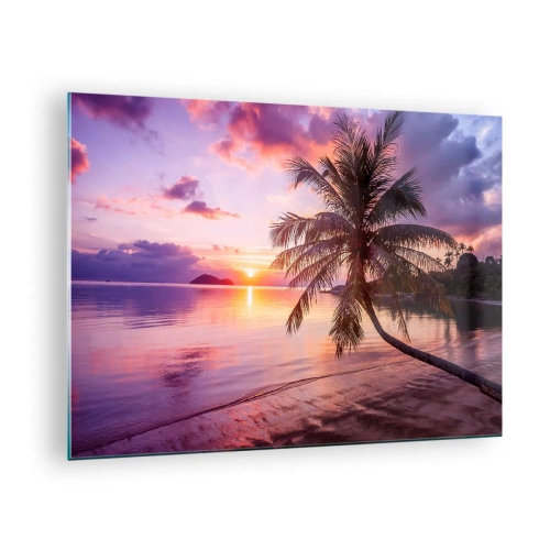 Schilderen op glas - Exotisch strand met een palmboom bij zonsondergang - 70x50cm - Geluk tot aan de horizon - Moderne wanddecoratie voor woonkamer en slaapkamer ARTTOR