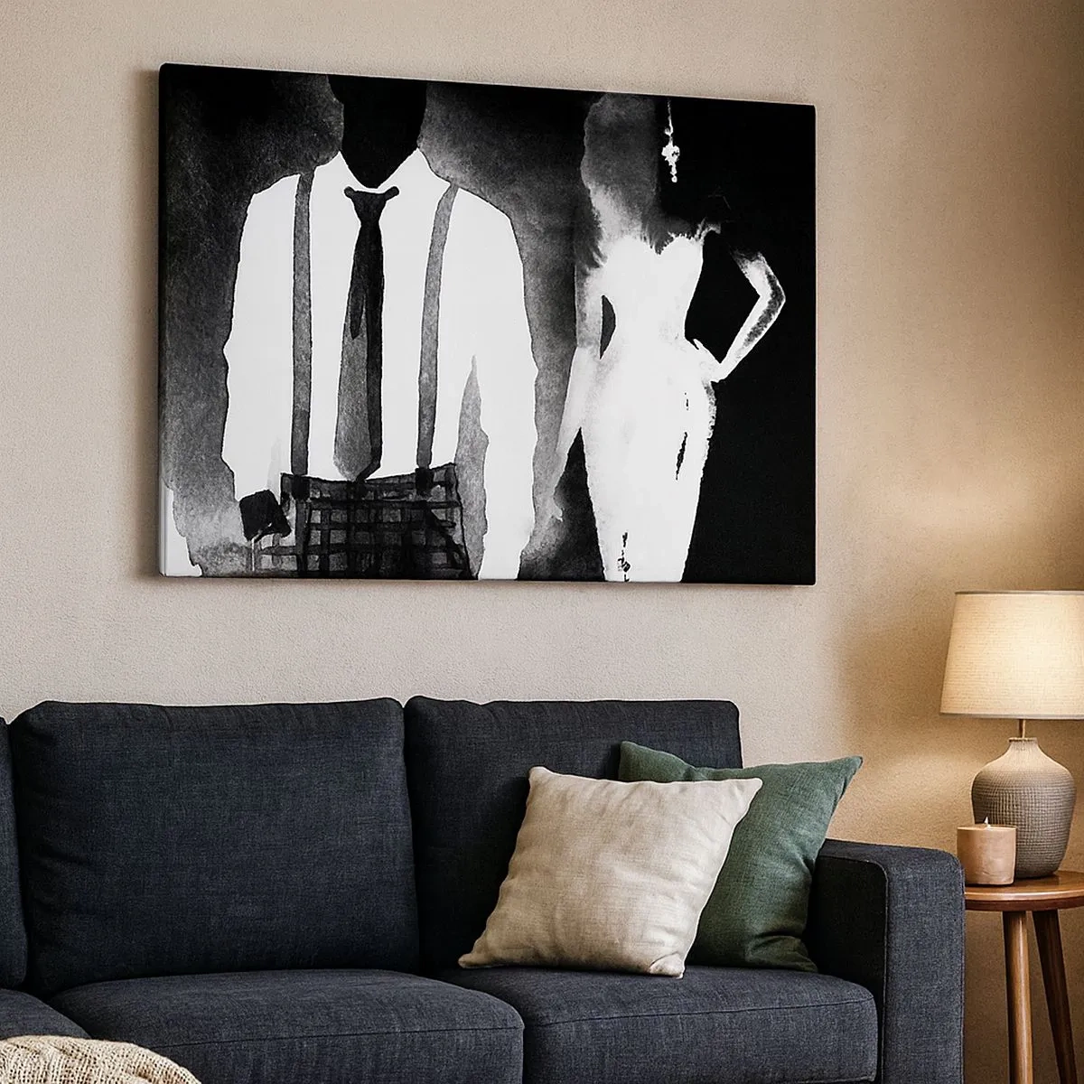Schilderen op canvas - Personages in noirstijl, zwart-wit elegantie en mysterie - 70x50cm - In een noir sfeer - Moderne wanddecoratie voor woonkamer en slaapkamer ARTTOR