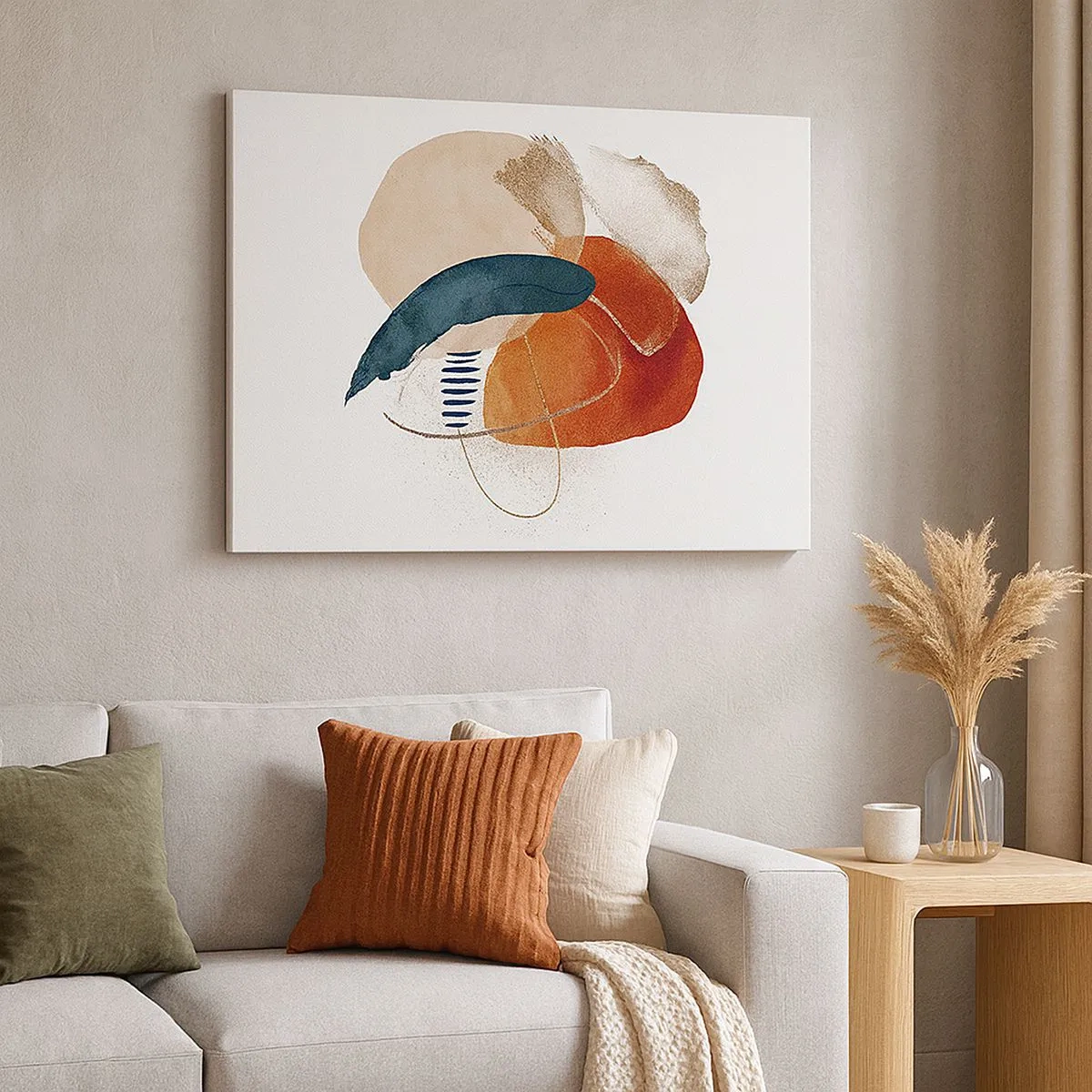 Schilderen op canvas - Een abstracte compositie met vlekken in aardse en marineblauwe tinten. - 70x50cm - Ovale compositie - Moderne wanddecoratie voor woonkamer en slaapkamer ARTTOR