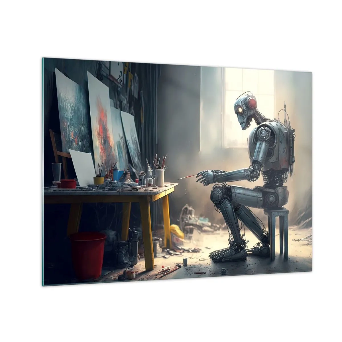 Schilderen op glas - Een robot schildert schilderijen in een kunststudio - 70x50cm - De scheppingsdaad - Moderne wanddecoratie voor woonkamer en slaapkamer ARTTOR