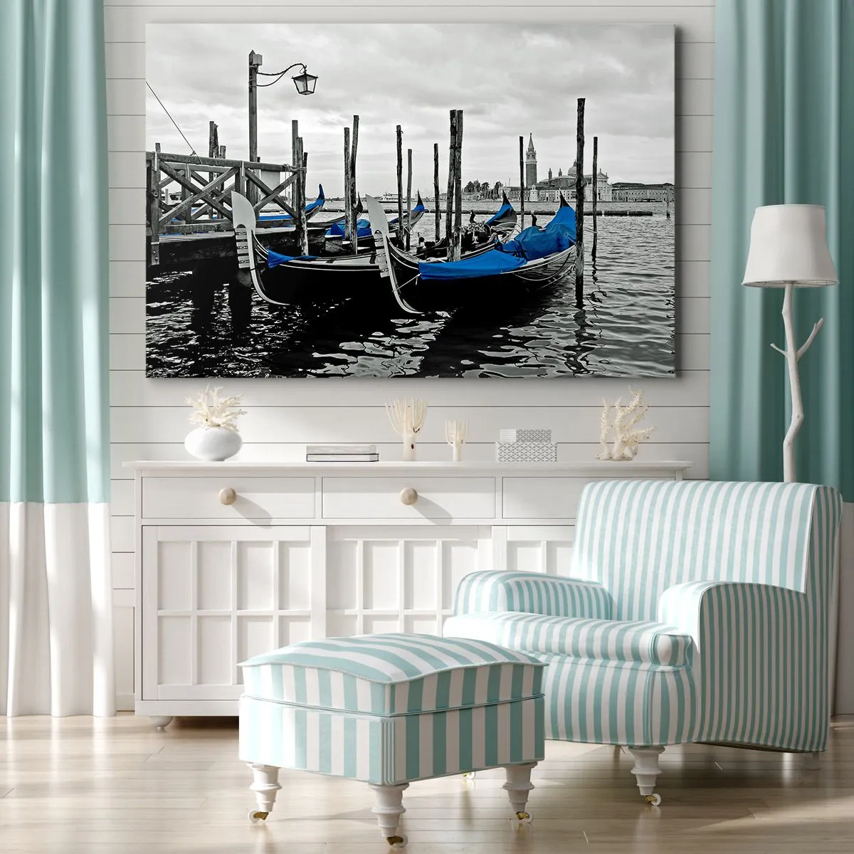 Schilderen op canvas - Gondels in Venetië met blauwe kappen - 70x50cm - Peinzend Venetië - Moderne wanddecoratie voor woonkamer en slaapkamer ARTTOR