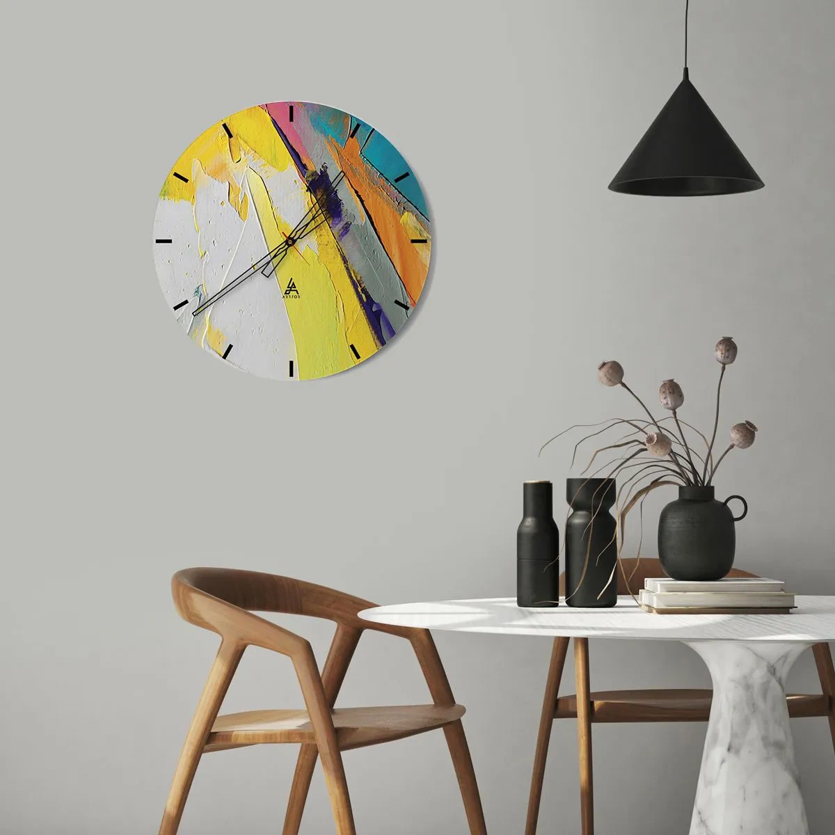 Wandklok - Klok - Kleurrijke abstractie met een overwicht van geel, wit en blauw - 30x30cm - De anatomie van licht - Moderne wanddecoratie voor woonkamer, keuken en slaapkamer ARTTOR