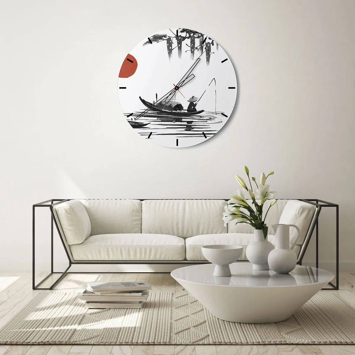 Wandklok - Klok - Traditionele illustratie van een visser in een boot tegen een rode zon - 30x30cm - Aziatische middag - Moderne wanddecoratie voor woonkamer, keuken en slaapkamer ARTTOR