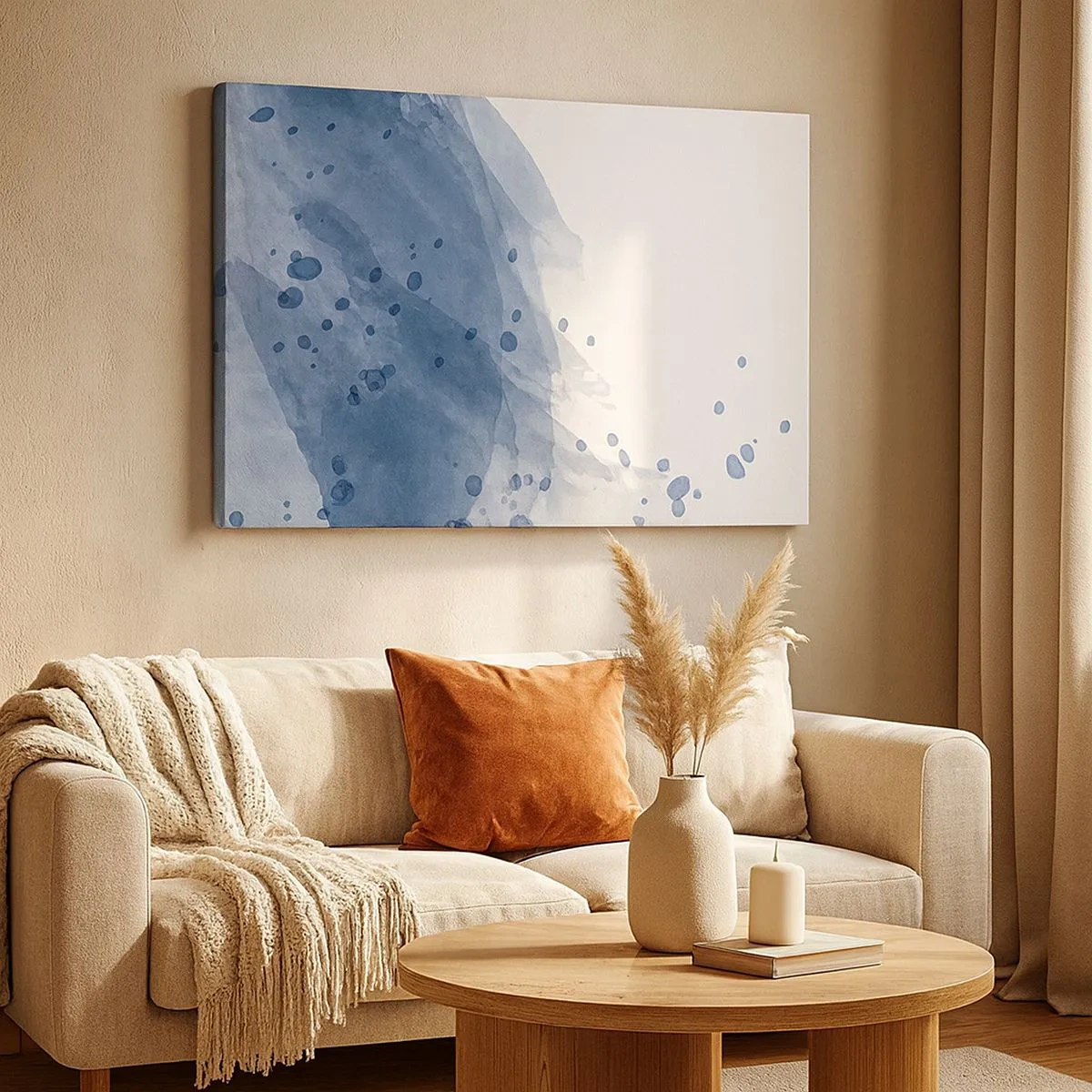 Schilderen op canvas - Abstracte vlekken en strepen in tinten blauw - 70x50cm - Blauwe tule - Moderne wanddecoratie voor woonkamer en slaapkamer ARTTOR