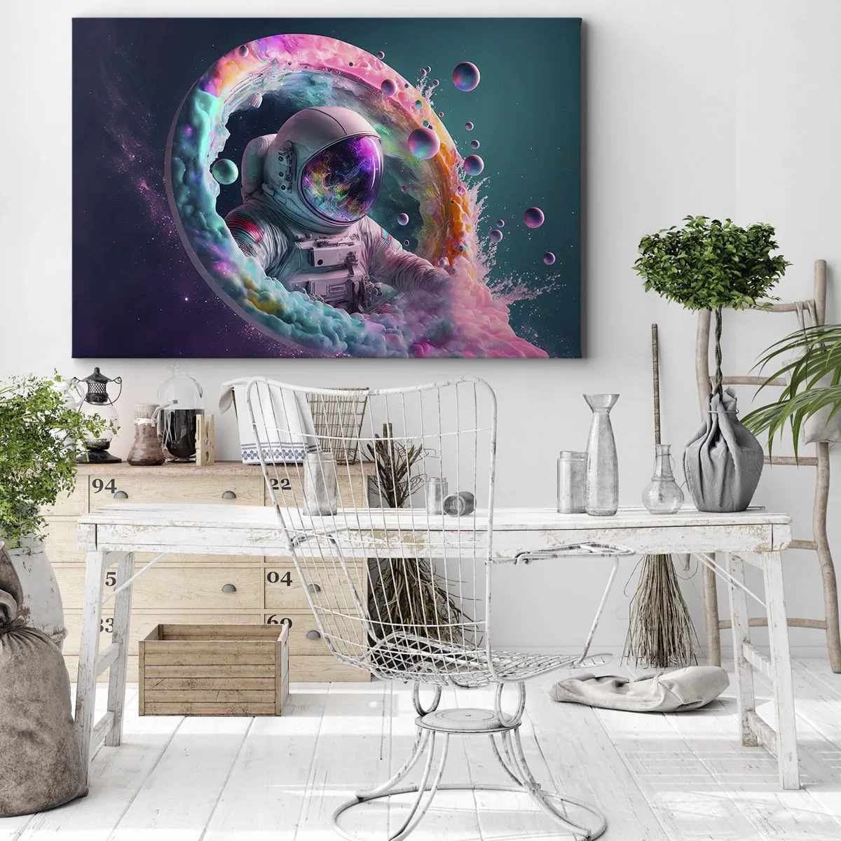 Schilderen op canvas - Astronaut in een kleurrijke kosmische aura - 70x50cm - Sterrenpoort - Moderne wanddecoratie voor woonkamer en slaapkamer ARTTOR