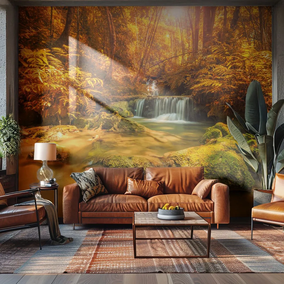 Fotobehang Premium Canvas - Boscascade in goud - Landschap, Waterval, Thailand - 250x175 cm