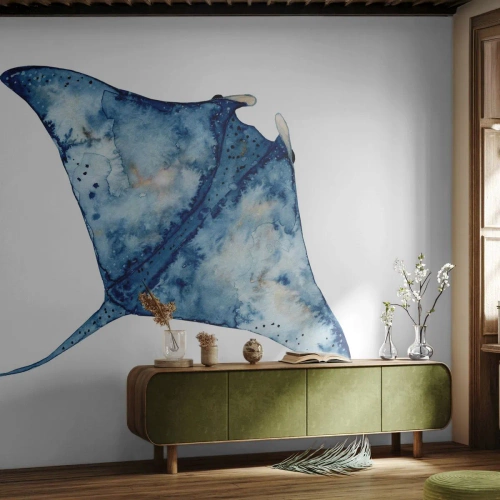 Fotobehang Premium Sand - Leven in blauw - Pijlstaartrog, Vis, Stijl aan zee - 100x70 cm